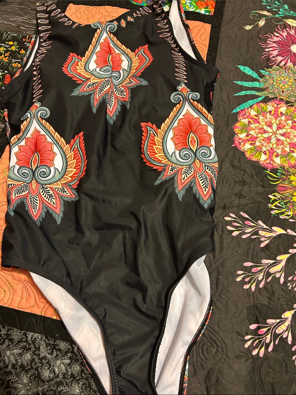 Source Unknown Black One-Piece Swimsuit with Red-Orange Excellent Condition